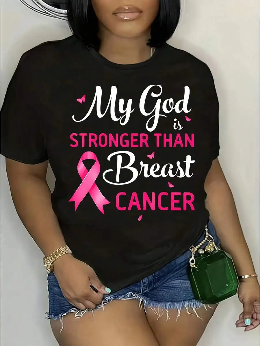 Black-Shirt With My God Is Than Breast Cancer Slogan & Pink Ribbon, Empowering Message, Unisex, Ages 14+, Casual Style, Uplifting Stateme