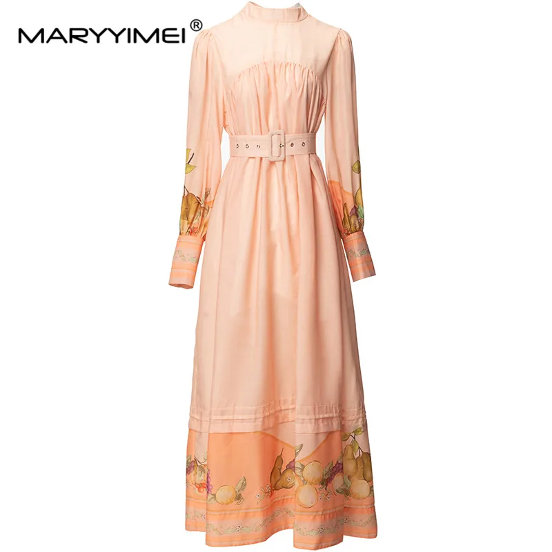 

MARYYIMEI Fashion Designer spring Summer Women's O-Neck Lantern Sleeved Sashes Fruit Printed Bohemian Holiday Dresses