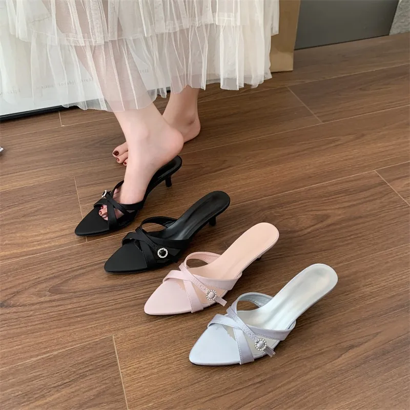

New Women's Fashion Low Heel Slippers Elegant Crystal Open Toe Slides Design Style Banquet Party Sandals Shoes Zapatos Mujer