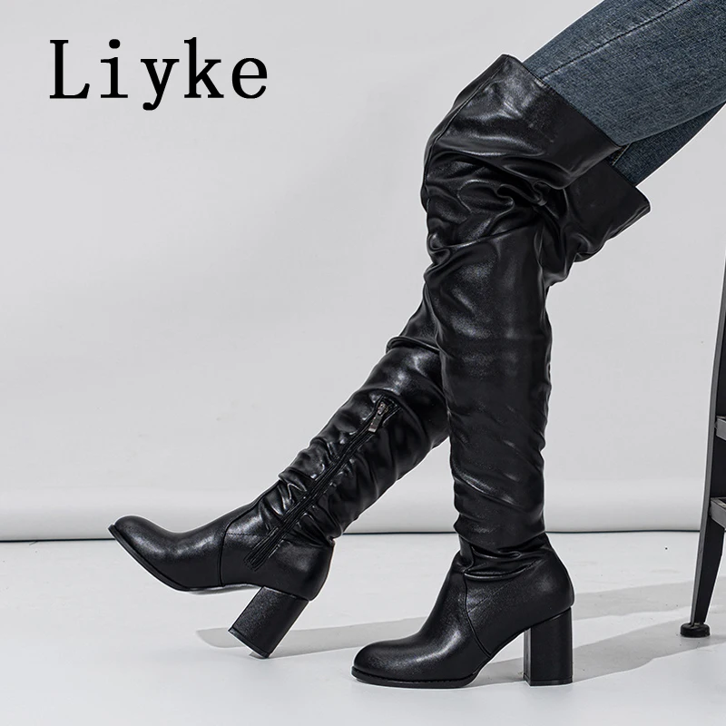 Liyke Size 35-42 Black Women Zip Over The Knee Thigh High Boots Fashion Pleated Leather Round Toe Square Heels Booties Shoes