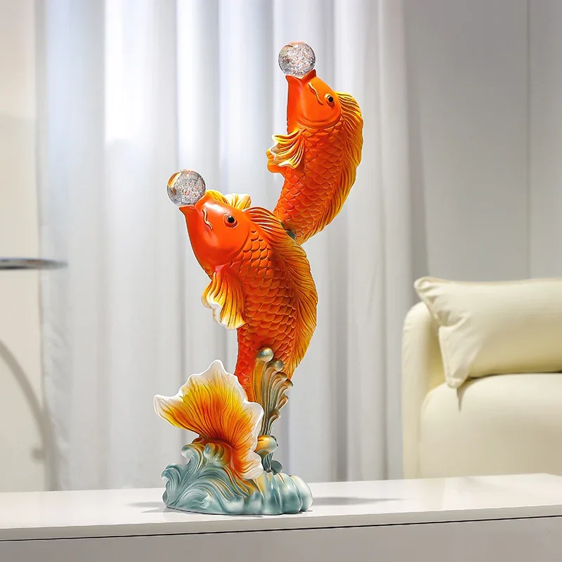 Home Decor Sculptures Decoration Accessories Double Fish Playing Pearl Koi Carp Landing Ornament Living Room Resin Animal Statue