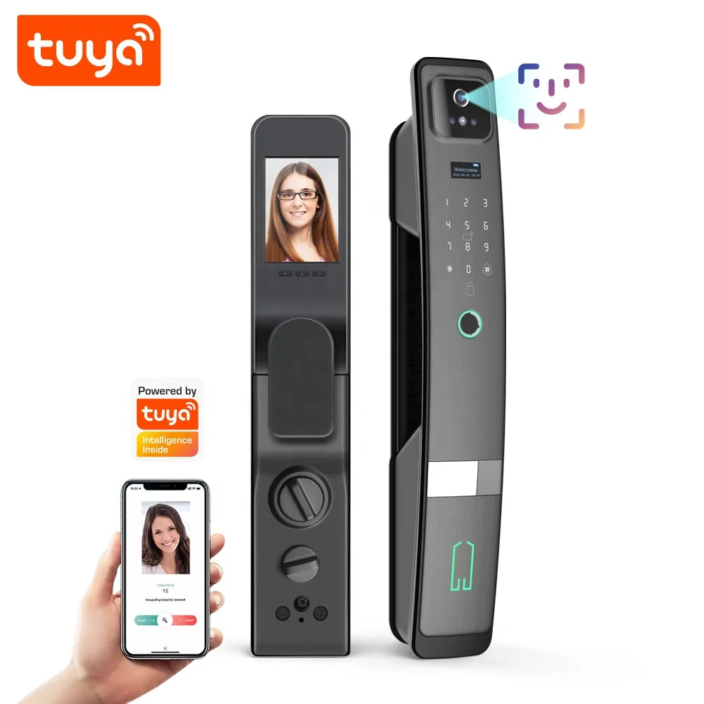 

2023 Most Fashional Tuya WiFi Automatic 3D Face recognition Door Lock With Cats Eye Camera PST-H20-P