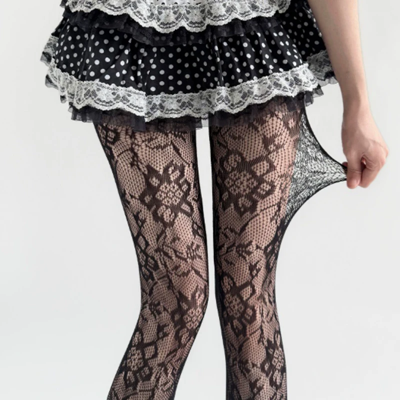 Blumenmuster-Rattan-Spitzen-Netzstrumpfhose Sexy Ausgehöhlte Blumenmuster-Strumpfhose Y2K Lolita Punk Strumpfhose Netz-Elastische Strümpfe