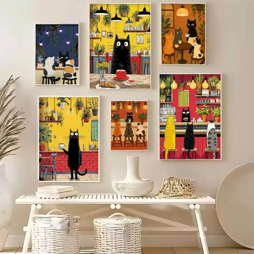 Whimsical Cat Cafe Canvas Poster Retro Kitchen Tabby Calico Black Barista Cats Home Decor Gift Painting Calligraphy