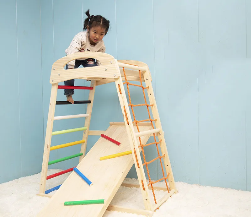 Montessori Furniture Baby Wooden Kid Activity Gym Climb Frame Net Climbing Triangle Indoor Playground Slides Equipment