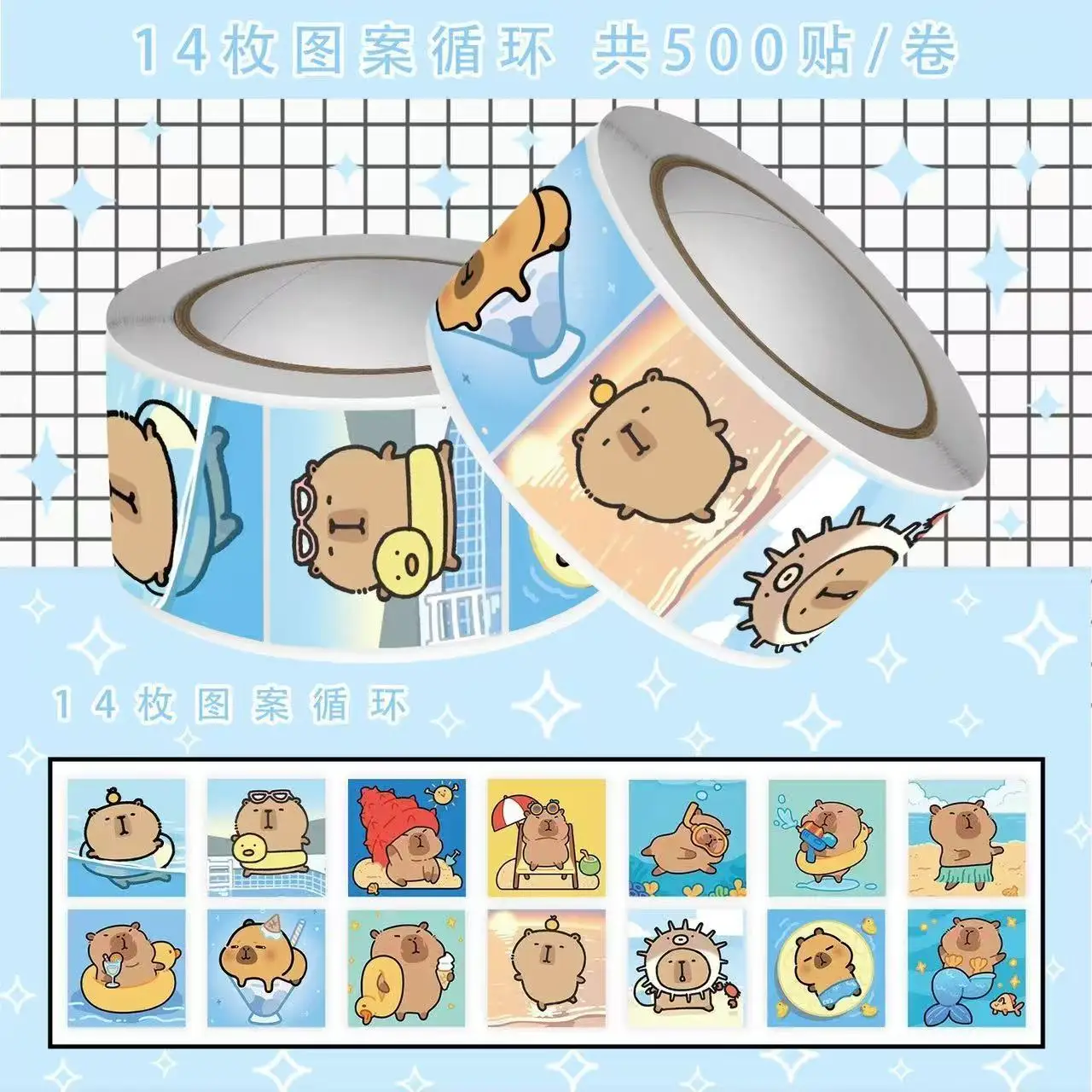 500pcs/Roll Cute Capybara Swimming Cartoon Sticker DIY Skateboard Laptop Guitar Phone Car Seal Label Decals Decoration