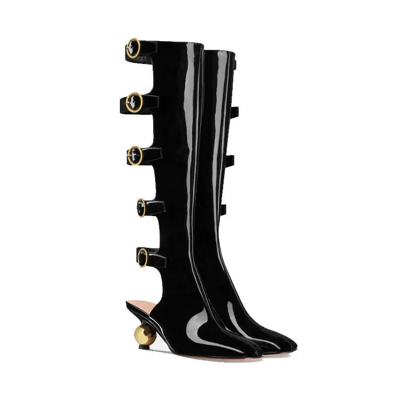 

Patent Leather Special-Shaped Heel Sandals Square Toe Hollow Belt Buckle Mid-Heel High Boots Large Size Women Botines Femininas