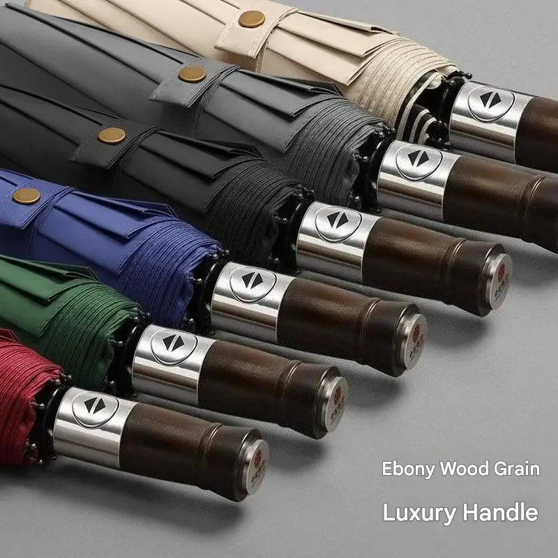 10 Ribs Wooden Handle Tri-Fold Fully Automatic Umbrella UV Protection Rain Sun Business Advertising Gift Umbrella
