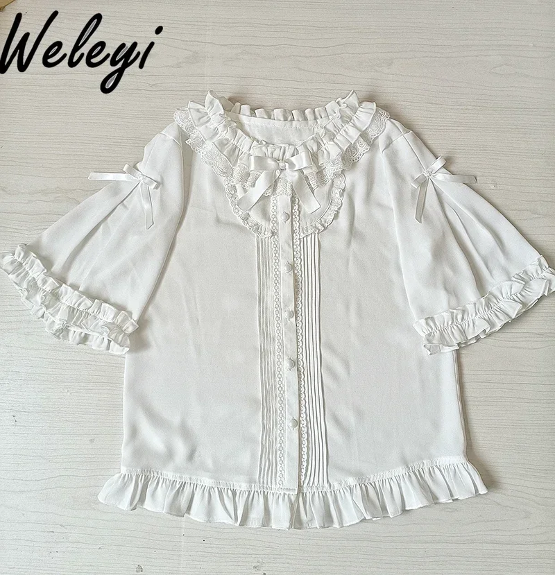 Japanese Jirai Kei Lolita Clothes Woman Short Sleeve Loose White Shirts Princess Doll Collar Bow Chiffon Versatile Lining Blouse