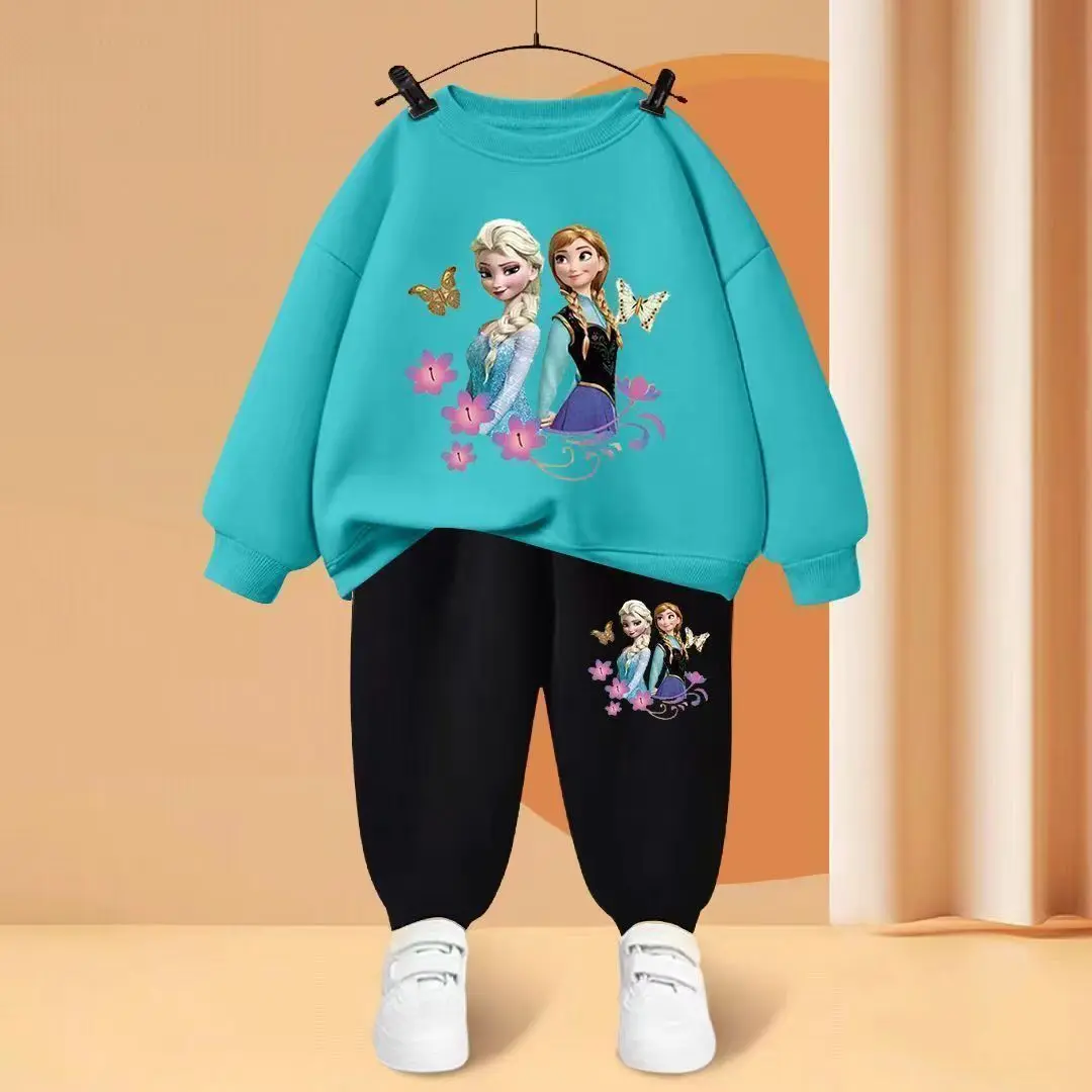 Autumn Kid Girls Clothes Set Frozen Elsa Printed Sweatshirts Pullover Top And Pants 2 Pieces Suit Children Top Bottom Tracksuits