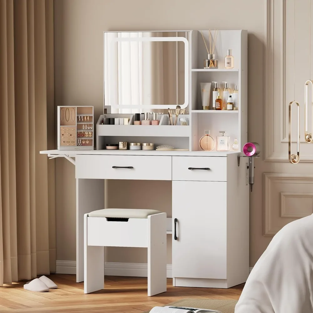 

Vanity Desk with Mirror and 3 LED Lights, 3 Drawers and 7 Shelves Dressing Table with Storage Stool, White, Vanity Desk