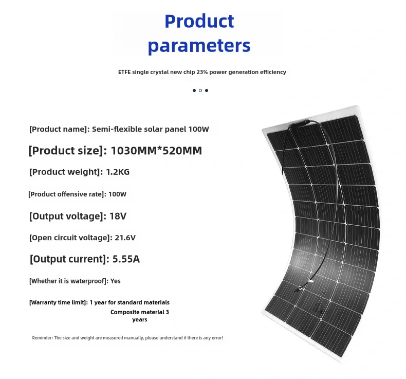 Outdoor Monocrystalline Etfe Board 100w Flexible Solar Panel 12v18v24v36v For Electric Vehicles Used In Power Generation Rvs