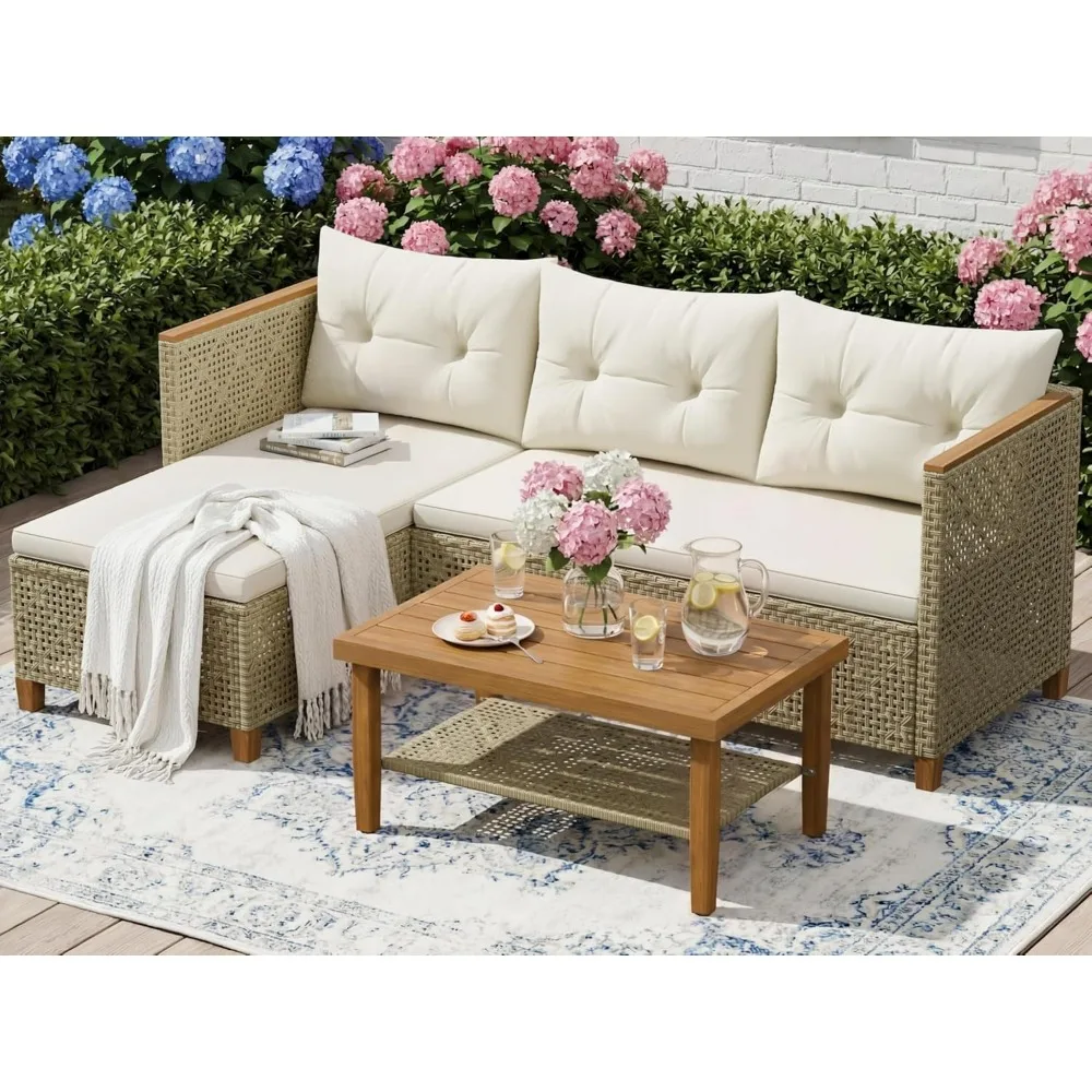 Devoko Wicker Patio Furniture Set, 3 Pieces Outdoor Sofa with Tufted Pillow,PE Rattan Small Sectional Couch Set for Backyard,
