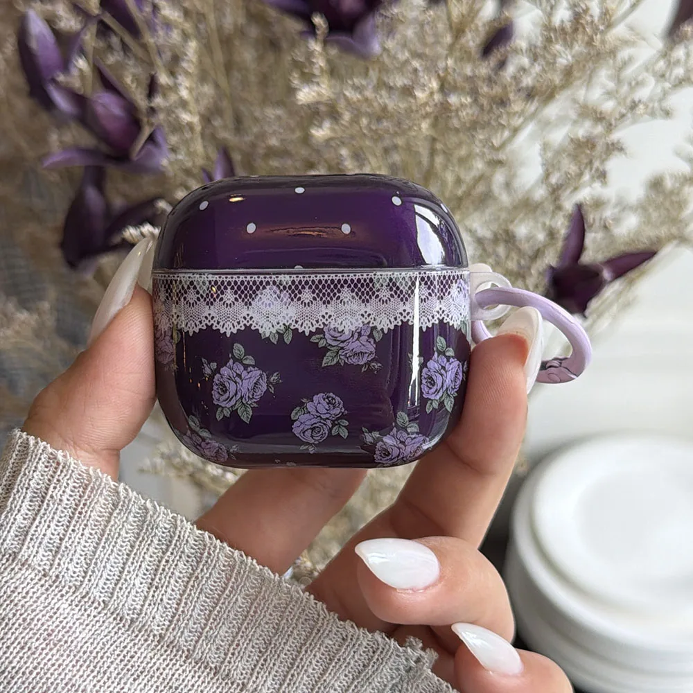purple lace flower gloss soft protection cover case for apple airpods 1 2 3 4 pro2 pro3 bluetooth earphone charging box cover