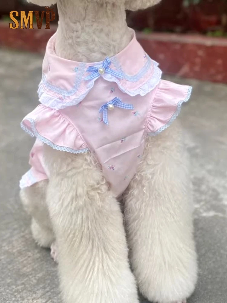 Original Handmade Light Pink Cute Doll Collar Embroidered Pearl Shirt Light and Breathable Sweet Style Large Dog Dress