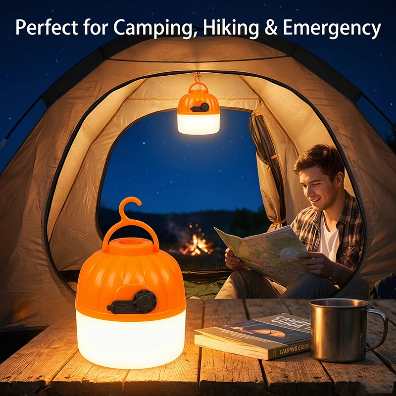 Mini LED Camping Pumpkin Light Type-C Rechargeable Lantern Protable Tent Light with Hook 4 Modes Emergency Floodlight Torch