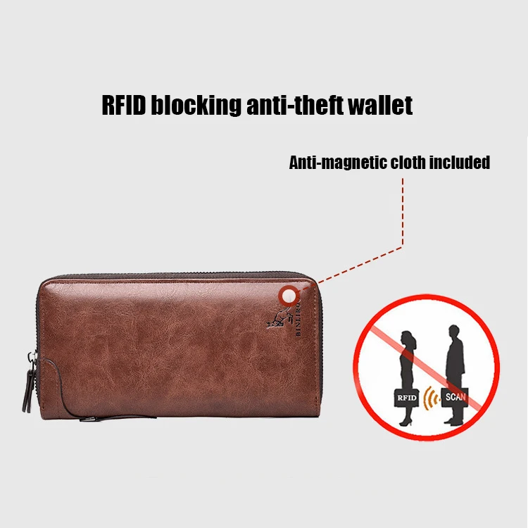 Cartera larga con cremallera para hombre, Cartera de cuero Pu de alta calidad, bolso de mano de negocios con bloqueo RFID, tarjetero de crédito