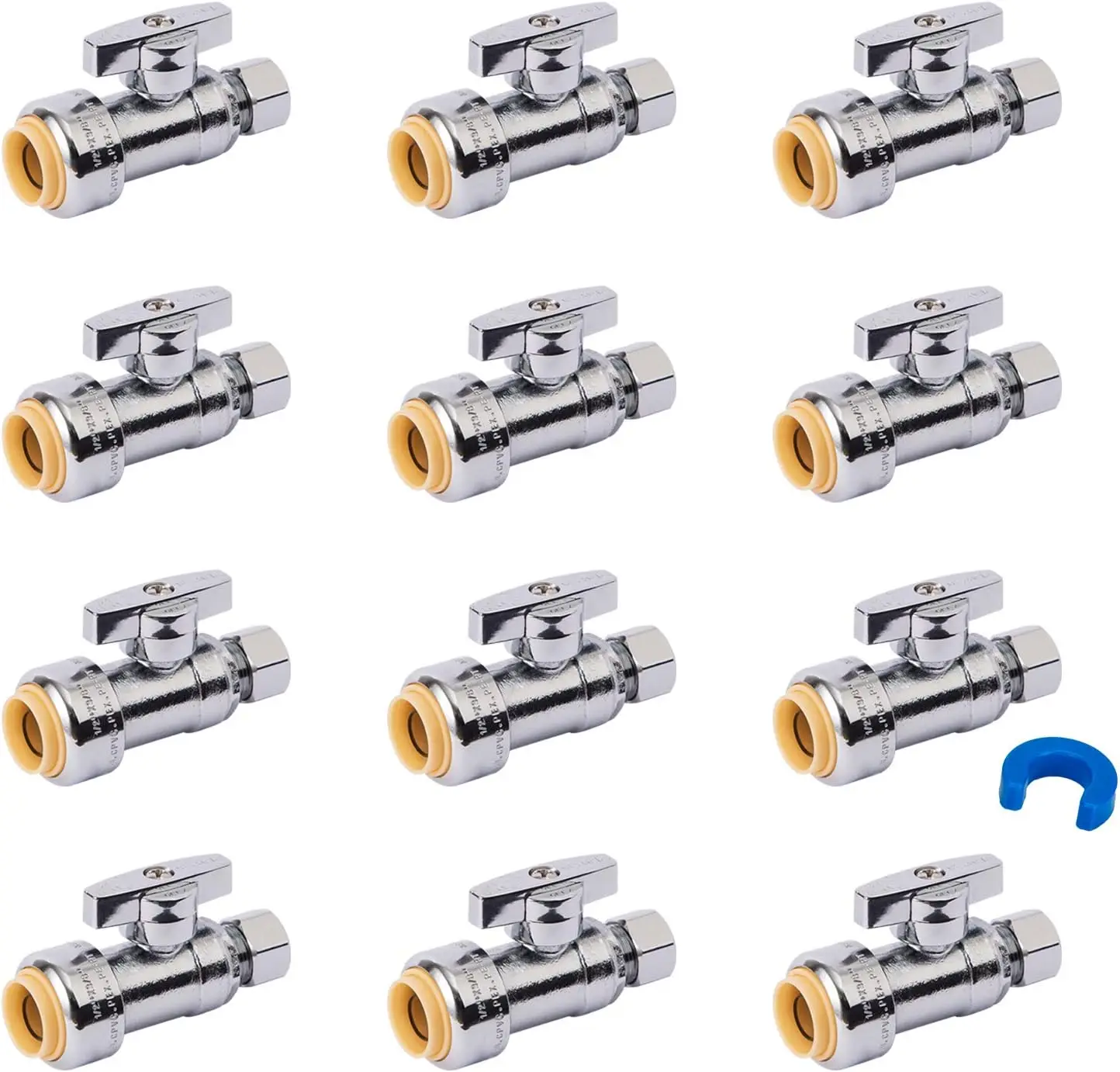 

Набор из 12 прямых запорных клапанов для воды, компрессионные, 1/2 x 3/8 дюйма, для унитаза, латунные фитинги с поворотом на 1/4 оборота для труб PEX