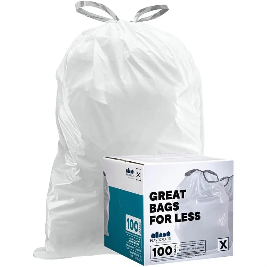 

Custom Fit Trash Bags Compatible with simplehuman Code X 100 Count White Drawstring Garbage Liners 21 Gallon 80 Liter 26 x 24.5