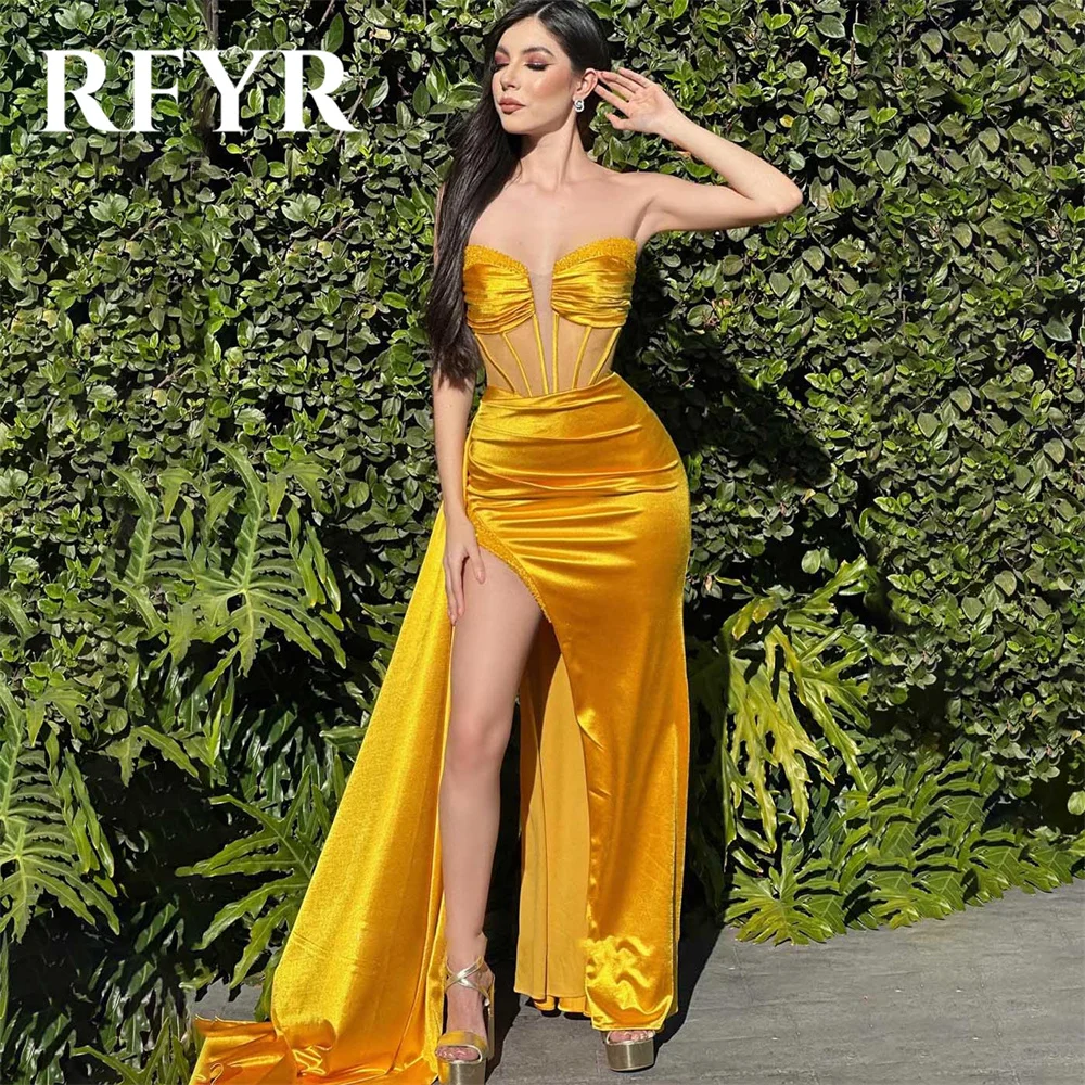 

RFYR Yellow Prom Dresses Sweetheart Trumpet Evening Dresses Sleeveless Satin Party Dress Floor-length Beaded Vestidos De Noche