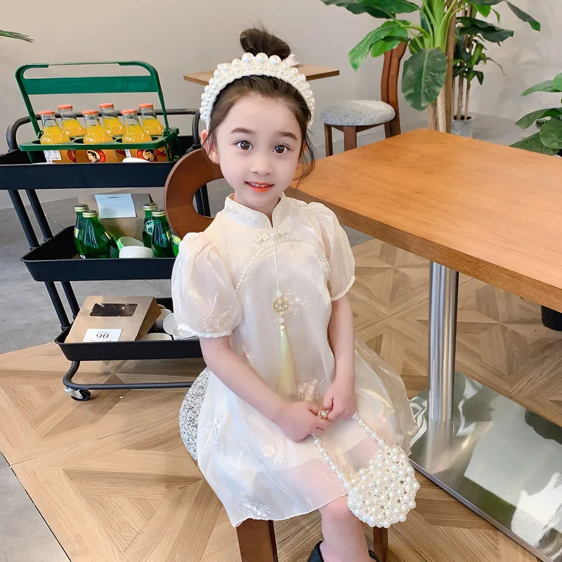 

Girl's Chinese Style Dress For Summer, 2024 New Baby Embroidered Cheongsam Children's Trendy Princess Dress, Hanfu