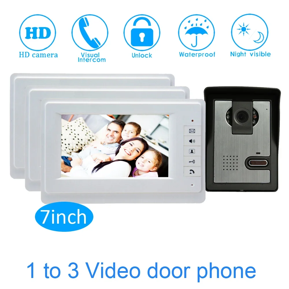 Family 1 Camera to 3 Display Video Door Phone System 7\'\' Monitor LCD Panel Wire Type Water Proof Smart Doorbell Intercom