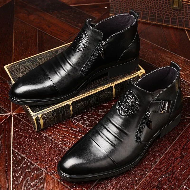 Men's Shoes Trendy Men Boots Luxury High Quality Leather Embossing Men's Boots Zip Male Leather Shoes Hard-Wearing Work Footwear - Image 2