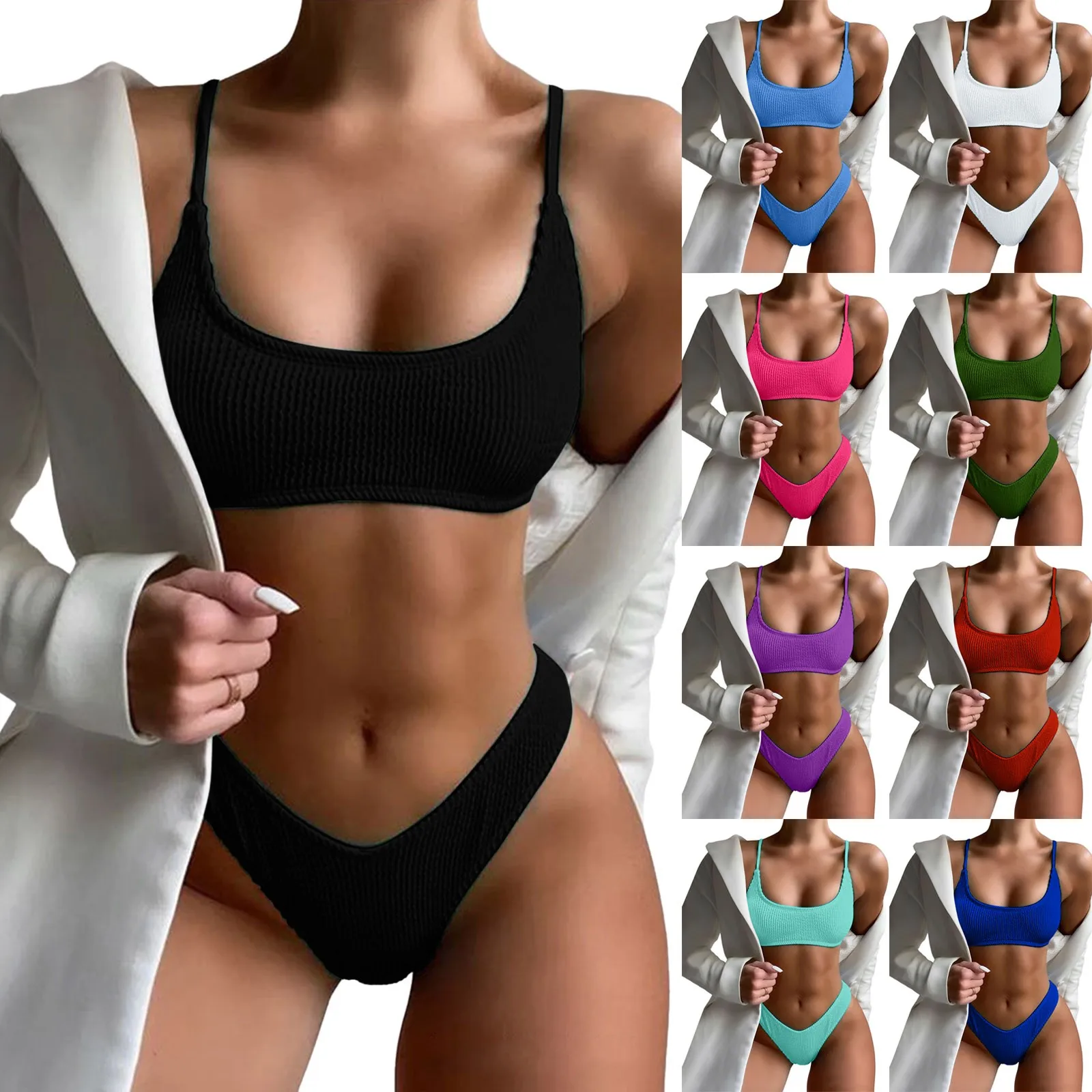 Summer Fashion Solid Colour Pit Stripe Bikini Swimsuit Women\'s Two Piece Swimsuit Sexy Backless Bikini Beachwear Swimwear