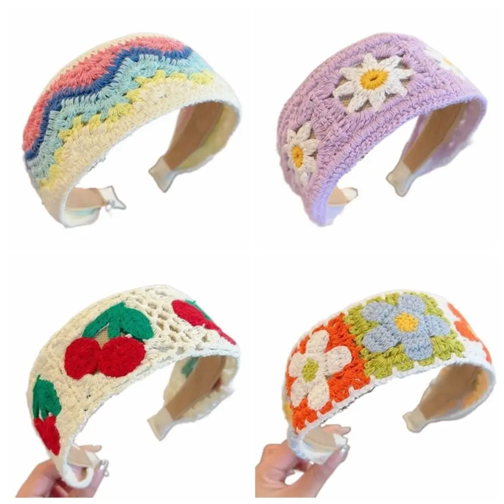 Diadema de punto colorida elegante, aro de pelo ancho de lana tejido de ganchillo, bordado, estilo étnico, banda para el pelo para niños, viaje