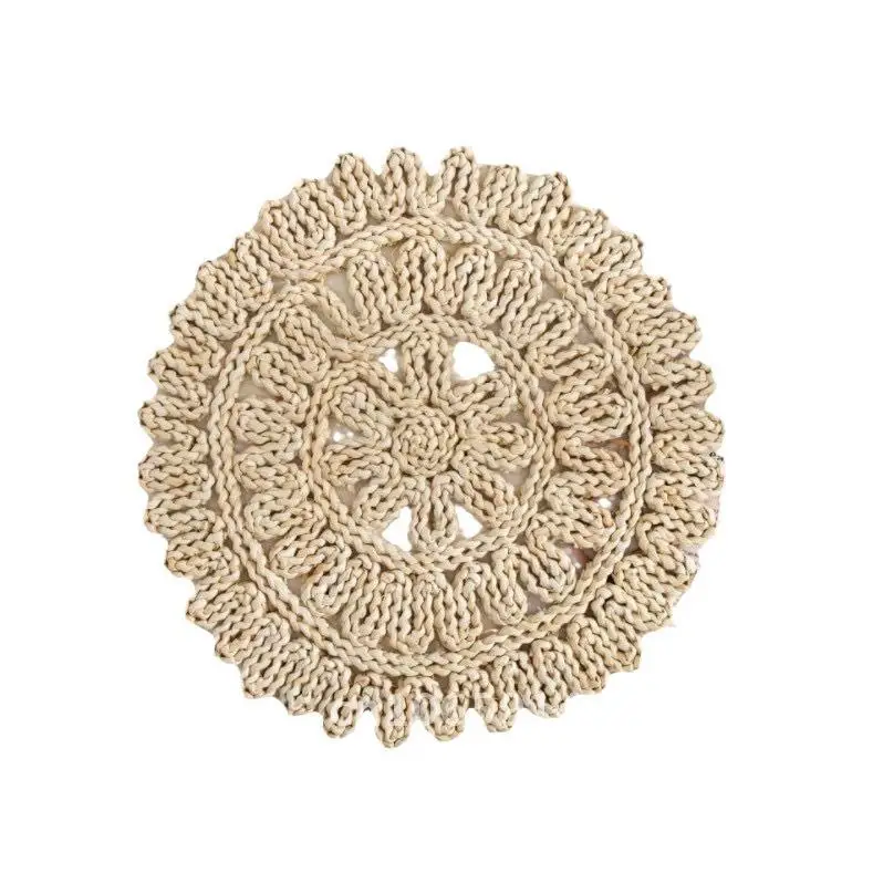

Japanese Straight Hair Corn Husk Placemat Hand Woven Wall Decor Flower Patterned Natural Fiber round Shape Nordic Style