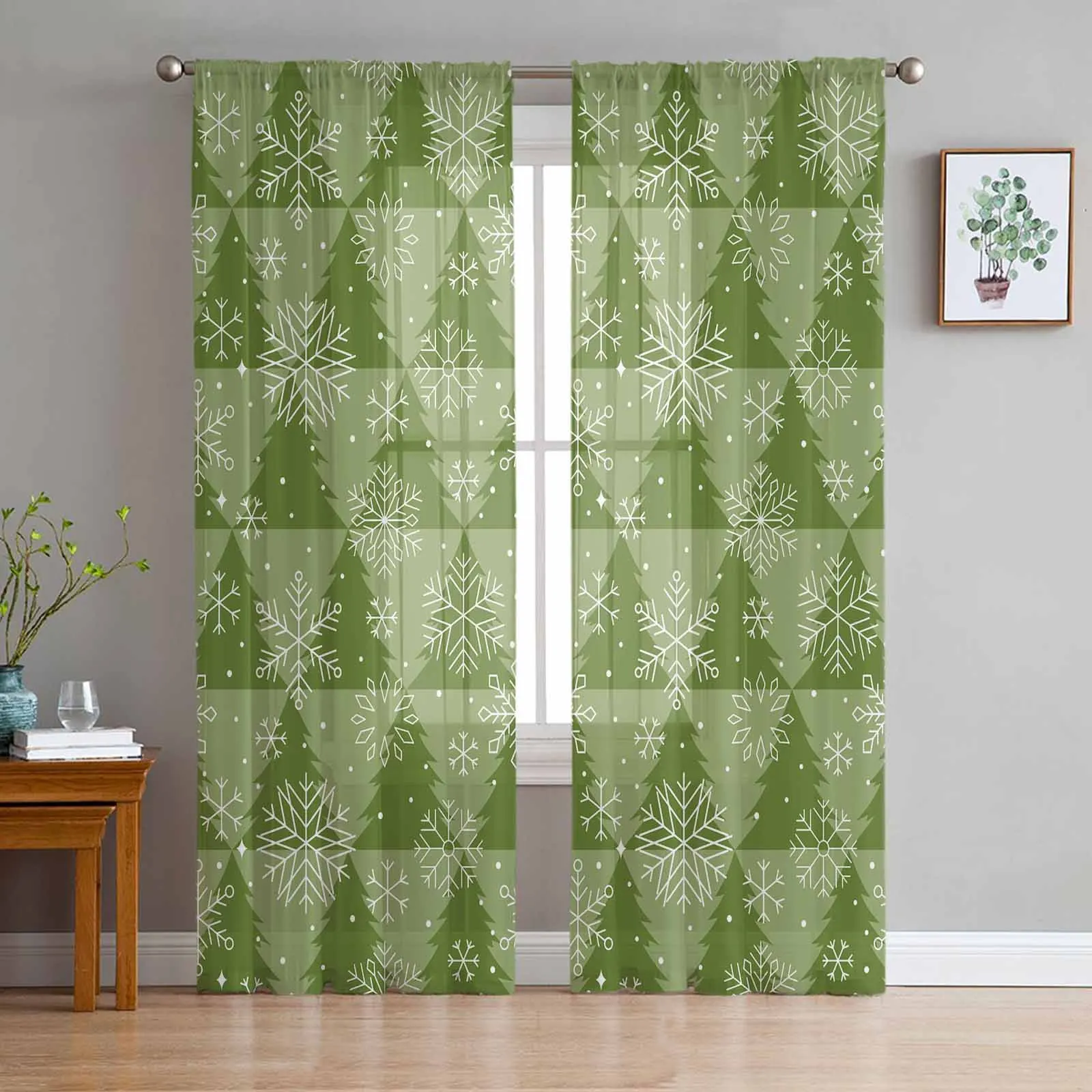 

Christmas Green Christmas Tree Texture Snowflakes Sheer Curtains Gauze Curtain for Living Room Bedroom Voile Yarn Curtains