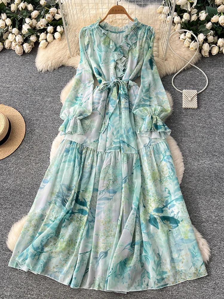 sachin and babi light blue dress Women's Spring Autumn Long Sleeved Chiffon Dress with Wooden Ear Edge Waist  Closing Floral Holiday Big Hem Long Dress D2460