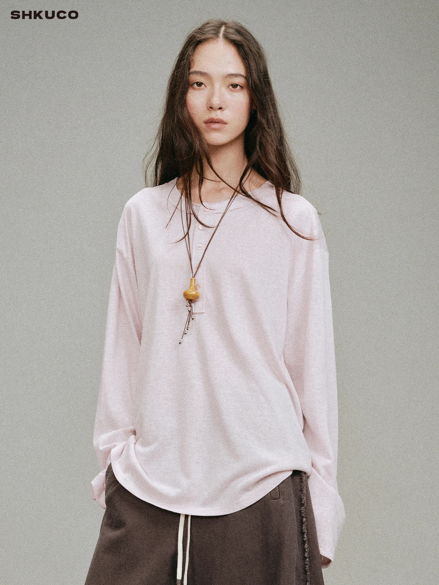 

Удобная свободная футболка KUCO Long Sve, мягкая футболка с воротником Генри, нейтральный Sle, полиэстер, лиоцелл, смесь хлопка и шелка