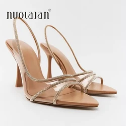 Fashion Women Pumps Sandals Summer Sexy Slingback High Heels Rhinestones Elegant Pointed Toe Transparent PVC Party Wedding Shoes