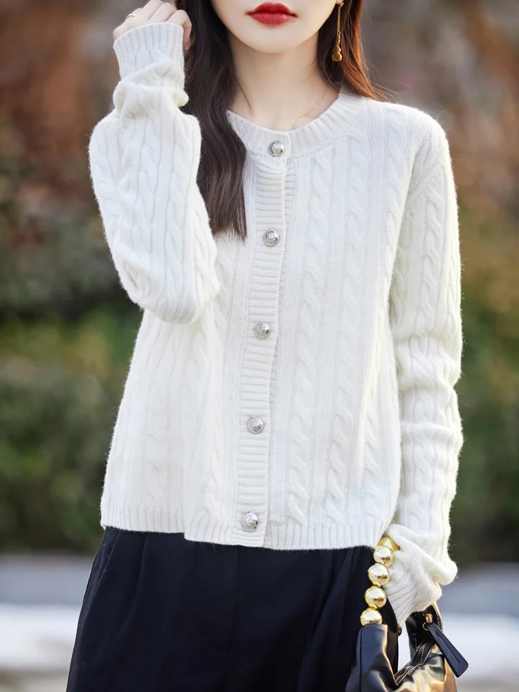 2024 Autumn Winter Korean Twist Women Cashmere Sweater 100% Merino Wool Knitted Button-Up Cardigan Temperament Long-Sleeved Top