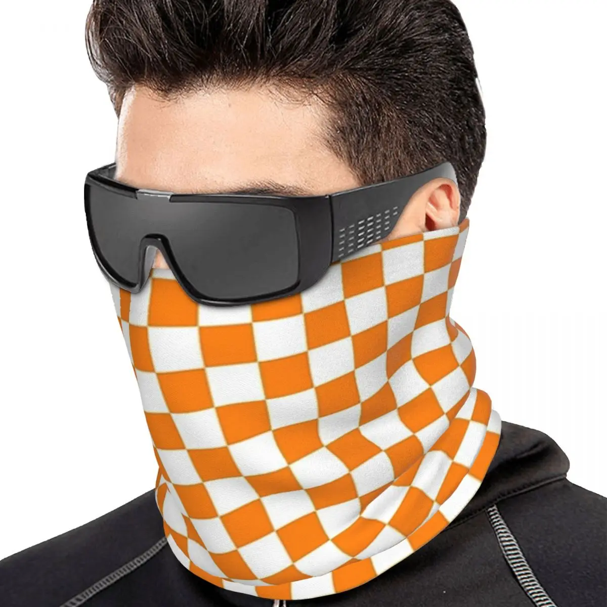 Orange White Checkered Pattern Multifunctional Elastic Neck Gaiter Dust Proof Face Cover Bandana Unisex for Cycling Climbing