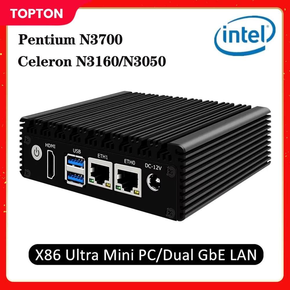 Topton 6W Fanless Mini PC X86 Pocket PC Pentium N3700 N3160 Quad Core Ultra Industrial Computer GPIO Dual Gigabit LAN 2xUSB3.0