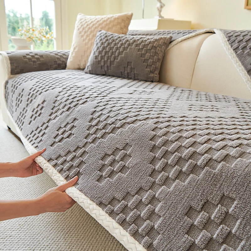 Light luxury plaid sofa cushion high grams of velvet non-slip anti-cat scratch living room sofa cover backrest armrest towels
