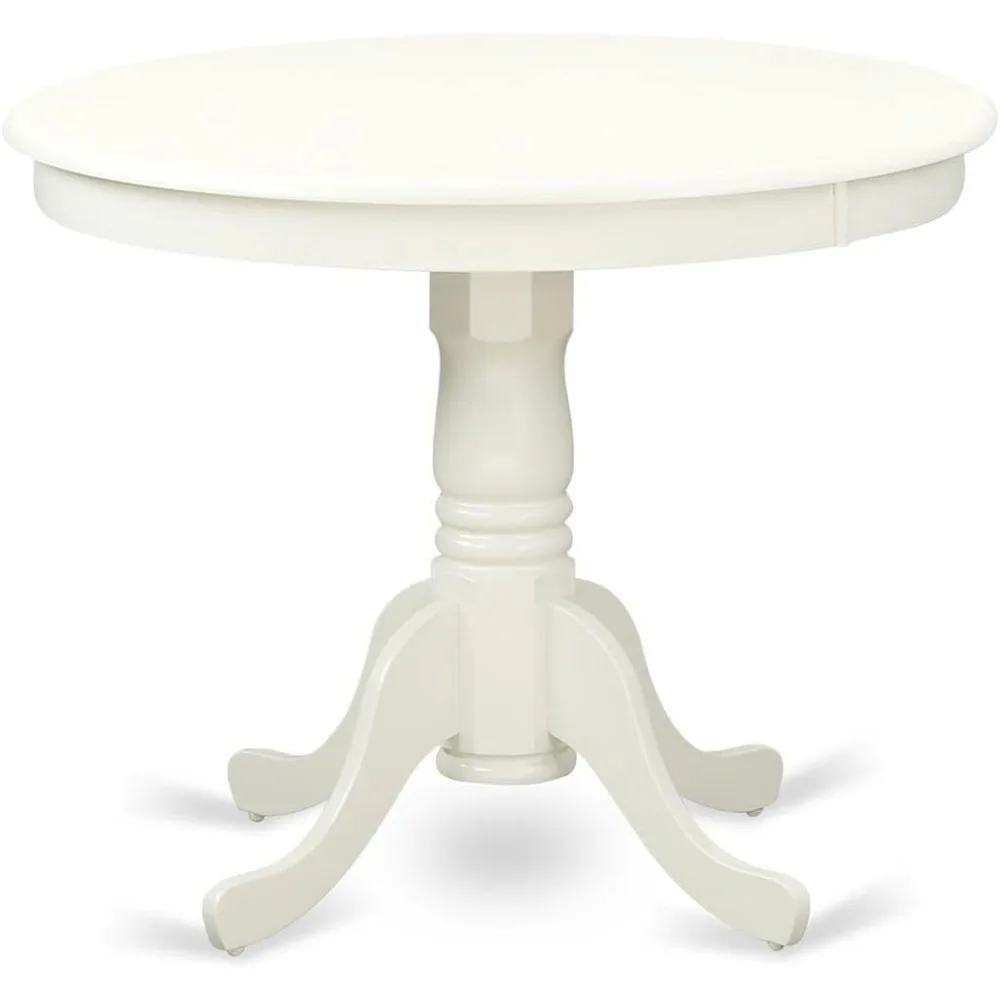 Furniture ANT-LWH-TP Antique Dining Room Table - a Round kitchen Table Top with Pedestal Base, Linen White