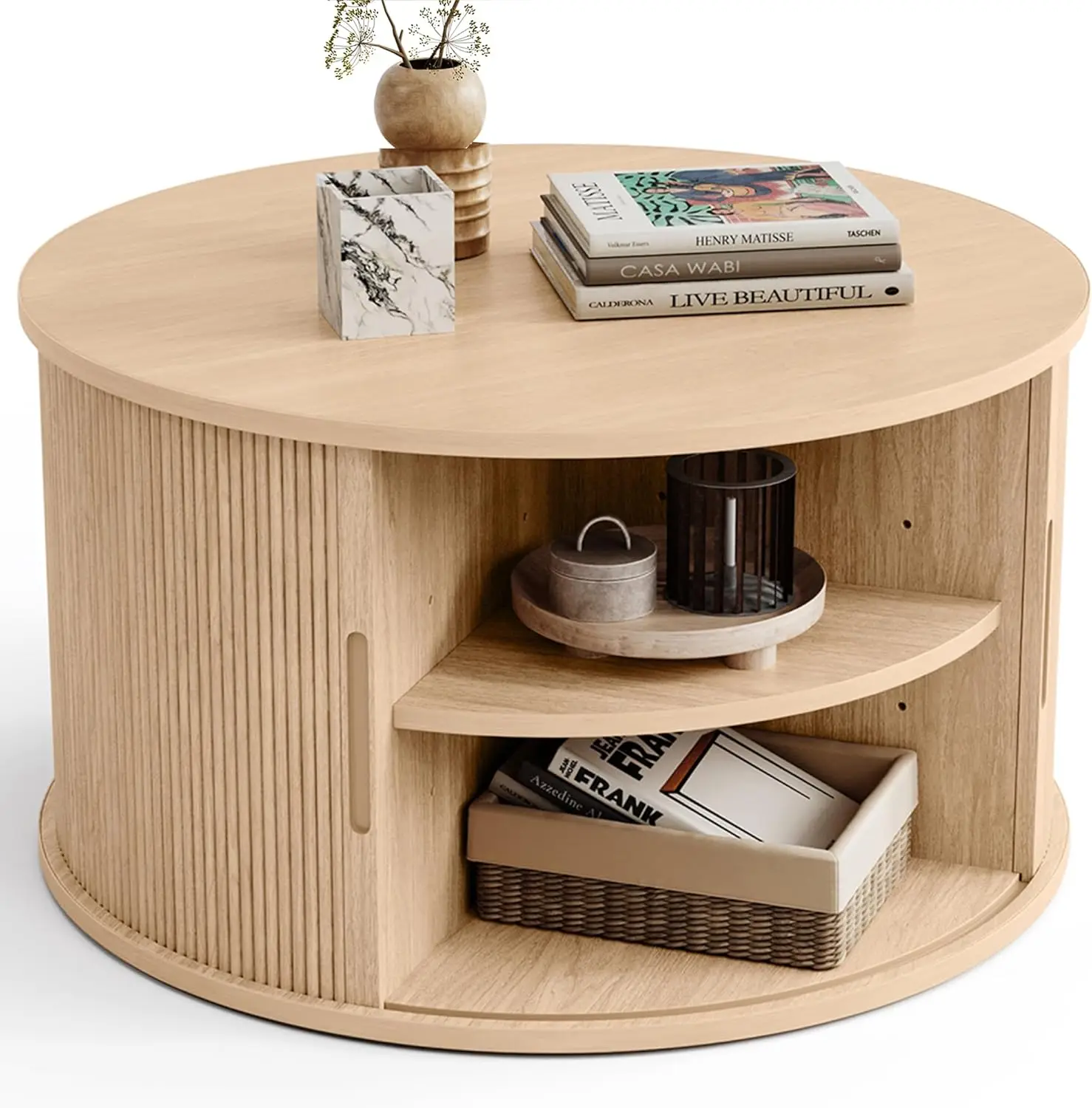 31.5" Round Coffee Table with Sliding Tambour Door, Fluted Accent Table with Storage, Mid Century Modern for Living Room, Oak