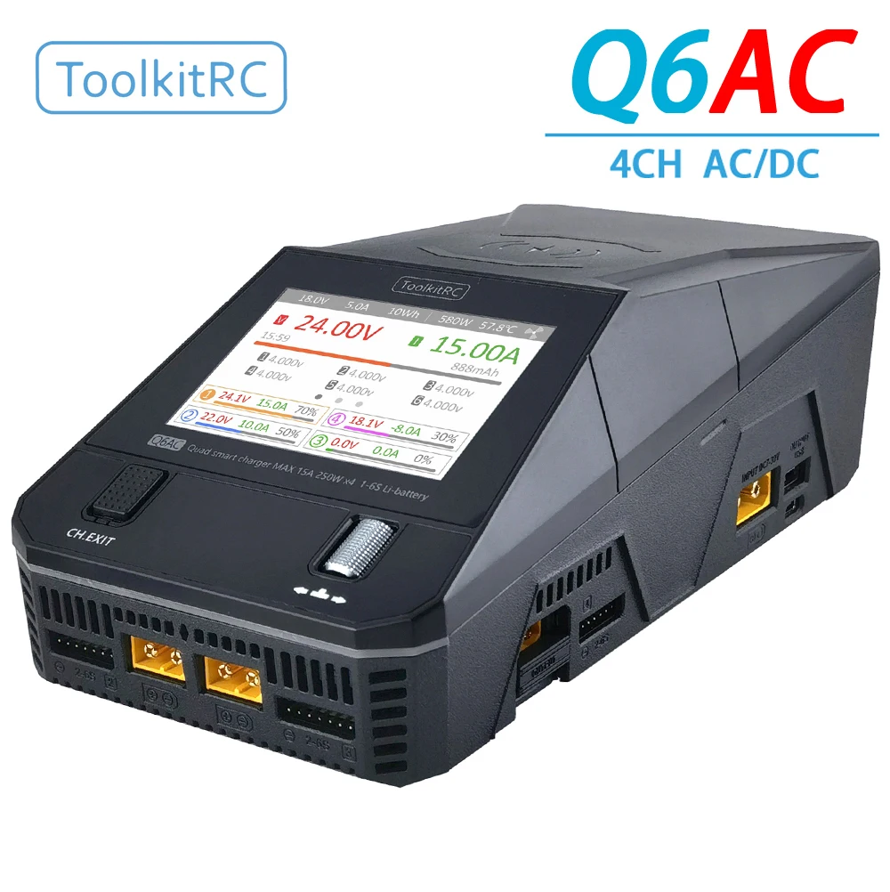 ToolkitRC Q6AC Intelligent Charger 4-Channel 1S 2S 3S 4S 5S 6S AC 400W DC 1000W XT60 Toy Model Car Lithium Battery Fast Charging