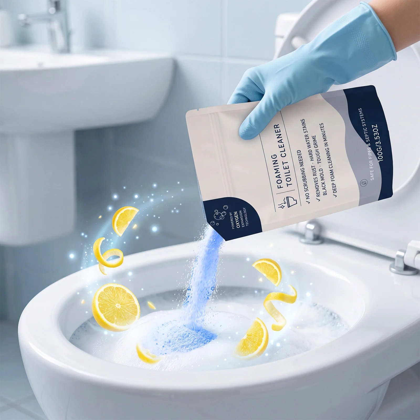 Foaming Toilet Cleaner Powder Oxygen Deep Foam Clean Toilet Crevices Remove Tough Grime Limescale Rust Mold No Scrub Odor-Free S