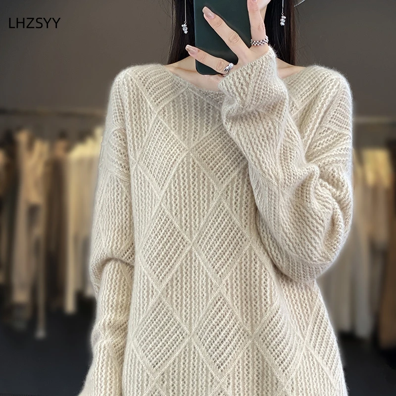 LHZSYY Ladies\' New Cashmere Sweater Word Neck Jacquard Knit Pullovers Solid Loose Large size Tops Autumn Winter Wool Warm Blouse