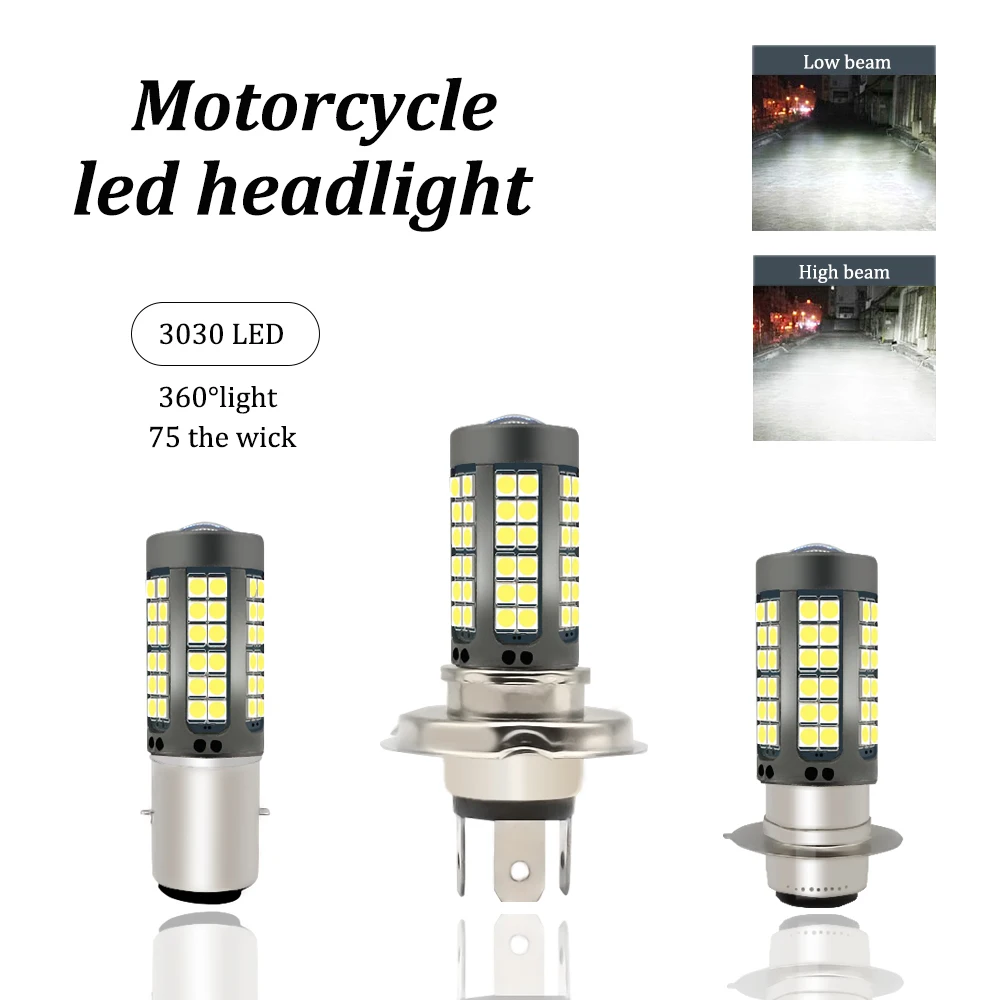 Highlight 12W 1200Lm H4 LED Moto H6 BA20D P15D LED Moto Motorcycle Headlight Bulbs 3030 75 SMD White 6000K Hi Lo Lamp 10V-80V