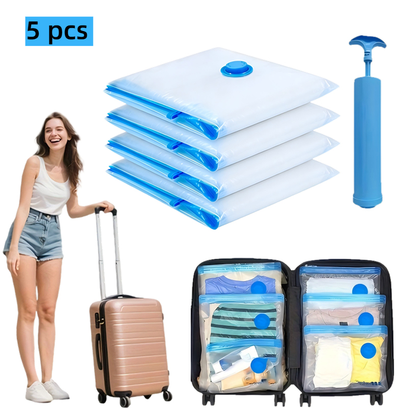 5-Pack Vacuum Storage Bags with Hand Pump – Durable, Space-Saving, Ideal for Clothes, Travel & Home Organization.