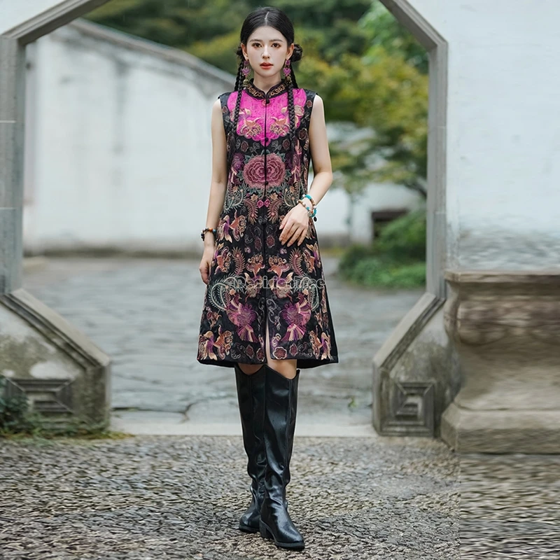 جديد لخريف وشتاء 2025 على الطراز الوطني الصيني بياقة واقفة بدون أكمام سترة طويلة غير رسمية معطف فضفاض يومي سترة بلوزة T1 #4