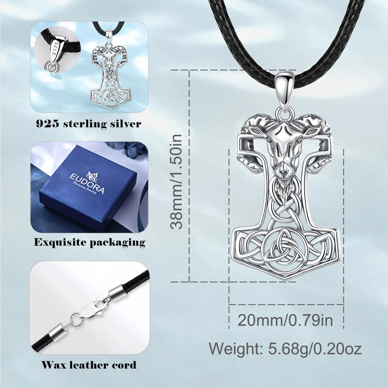 Eudora 925 Sterling Silver Norse Viking Thor's Hammer Mjolnir Rune Necklace Goat Celtic Knot Amulet Pendant Personality Jewelry