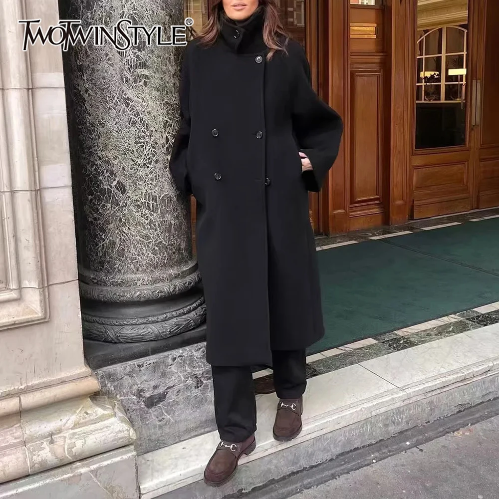 

TWOTWINSTYLE однотонное элегантное базовое шерстяное пальто для женщин с лацканами и длинными рукавами, темпераментная куртка на пуговицах, женская зимняя одежда