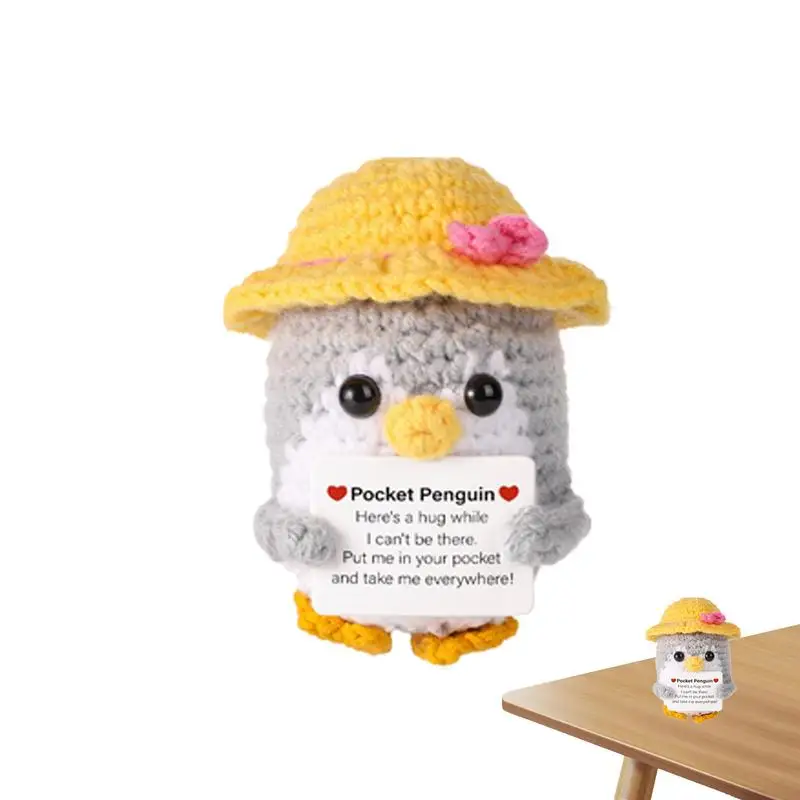 Crochet Positive Penguin Collectible Doll With Encouragement Card Wearing Hat Doll For Family Friends Encouragement Home