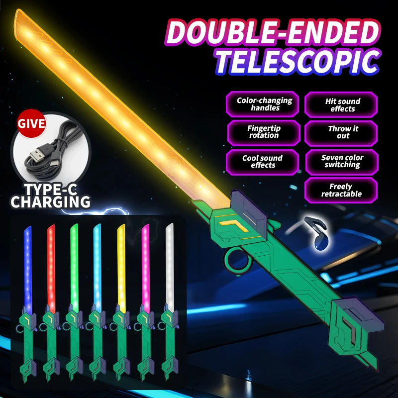 REikirc 7 Color RGB Lightsaber Dual Retractable Futuristic Sword with 360° Fingertip Rotation Impact Sound Effects Gift for Kids